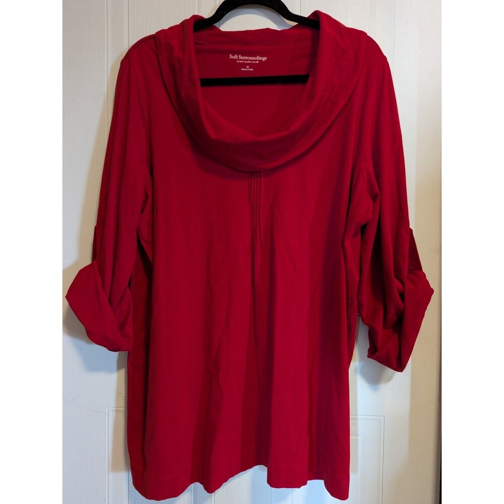 Soft Surroundings Red Cowl Neck Roll Tab 3/4 Sleeve Knit Tunic Blouse 1X